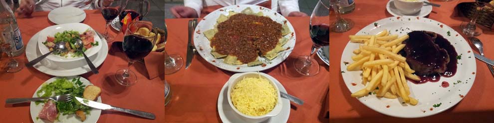 Italienischer Salat, Ravioli Bolognese, Entrecôte mit Rotweinsoße und Pommes